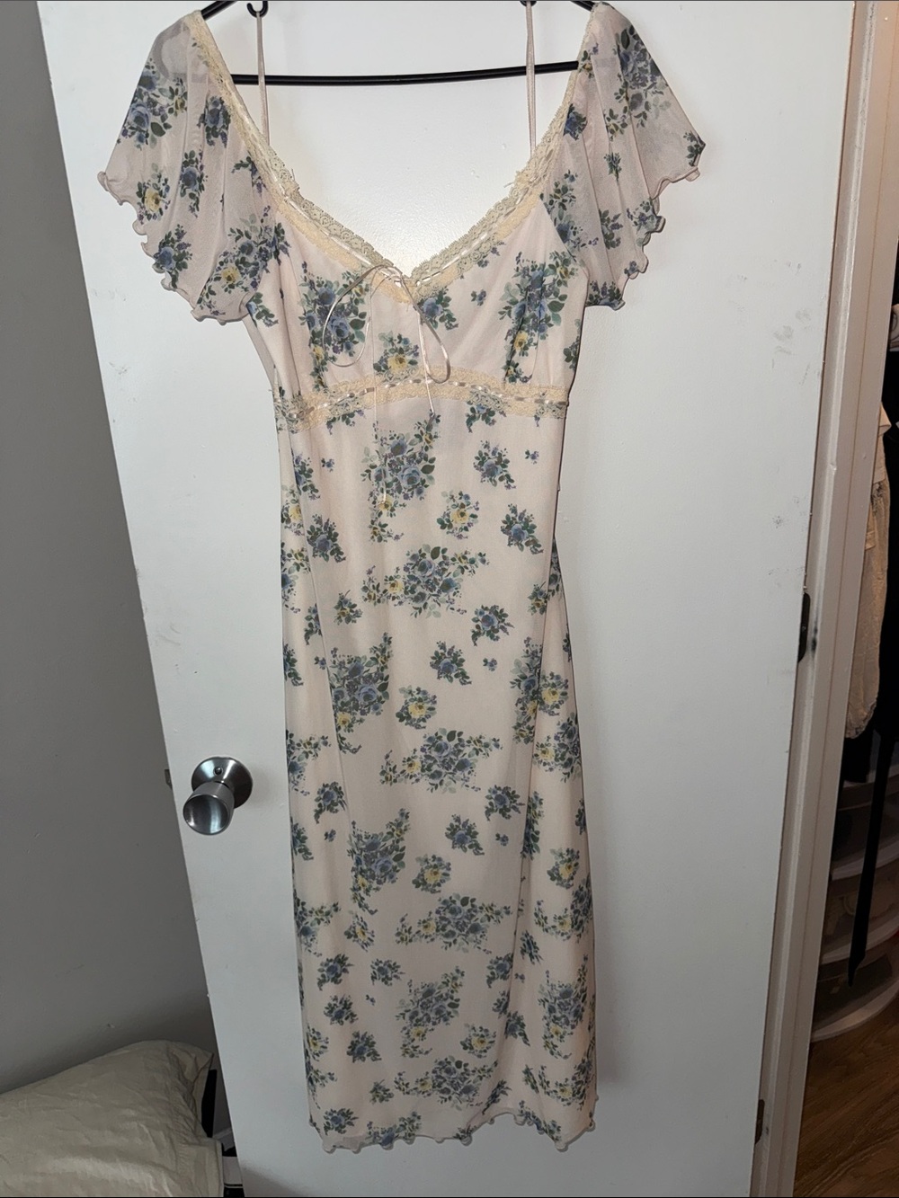 Cream Floral Midi Dress with Lace Trim